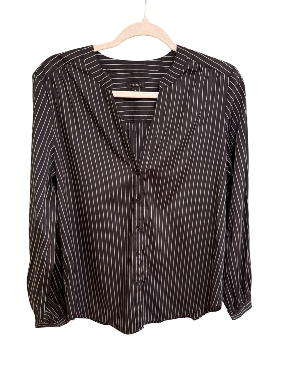 Ann Taylor Black Blouse with White Pinstripes